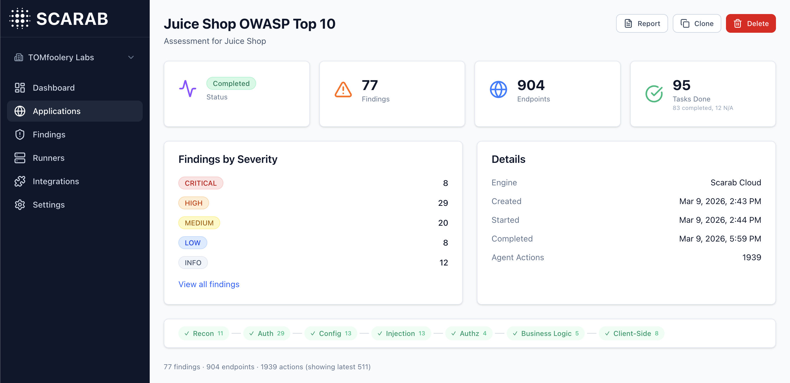 SCARAB assessment dashboard showing a completed penetration test with 77 findings across 904 endpoints